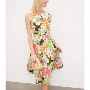 Trina Turk Mod Floral Fit Flare Midi Dress SMALL Cut Out Cotton Vacation $400